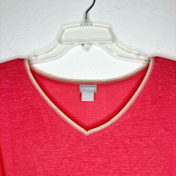 Chico's Linen Sweater Trim Pullover Relaxed Tee In Coral Pink Size 2 [US Large] - Picture 5 of 10